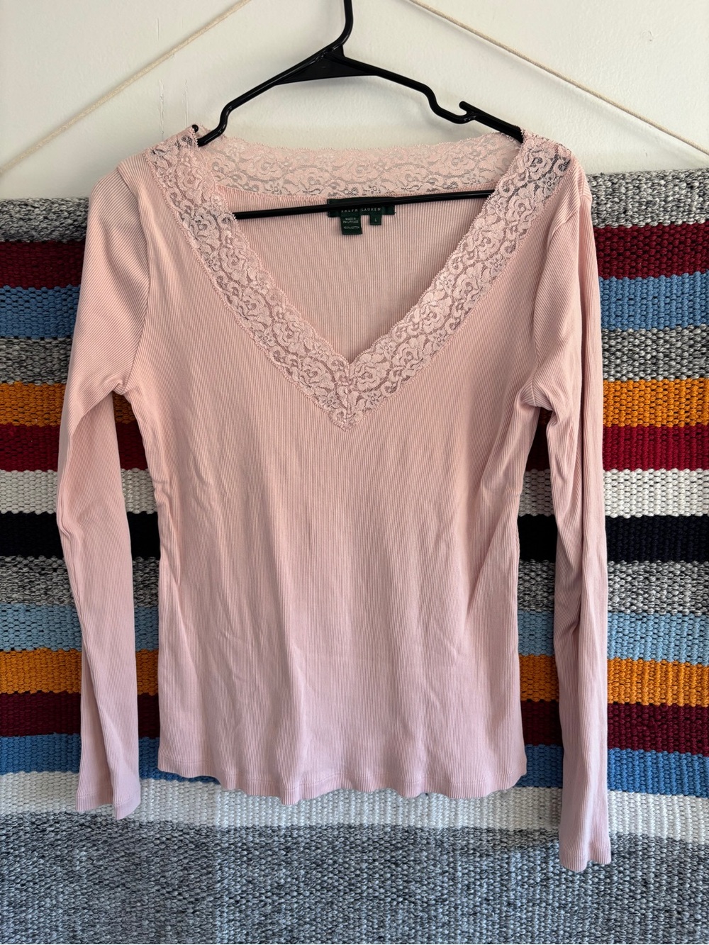 Ralph Lauren Pale Pink Lace-Trim V-Neck Long Sleeve Tee